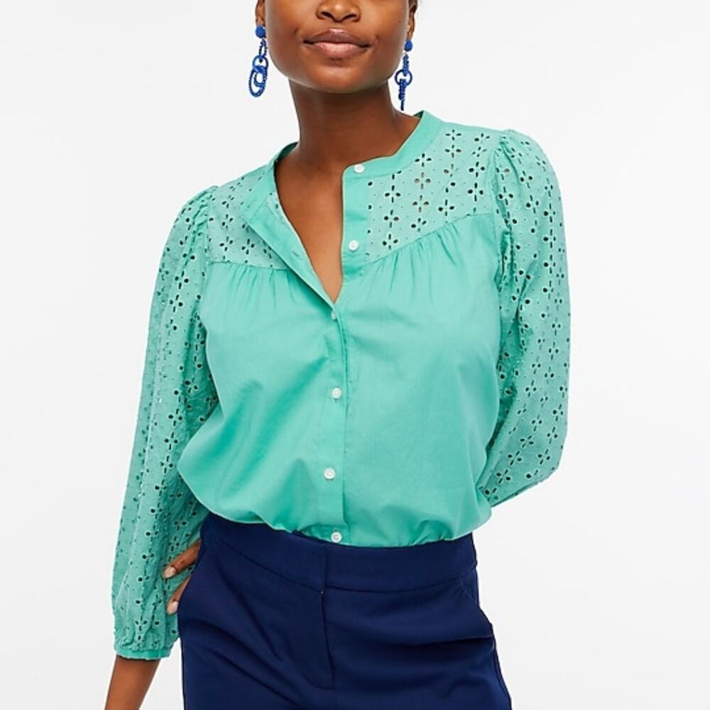 J. Crew Factory - Green Petite mixed-media button front blouse  - Size P Small